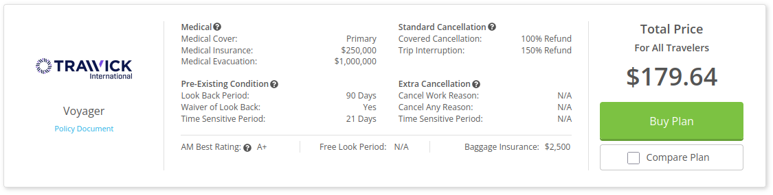 Example Travel Insurance Quote